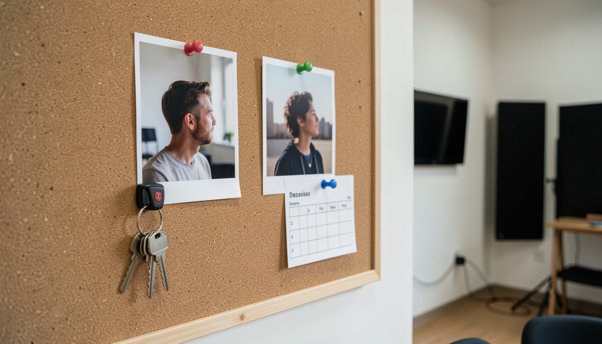 three small portrait photographs pinned to a cork board in a rehearsal room beside a ring of keys and a schedule card, faces turned away