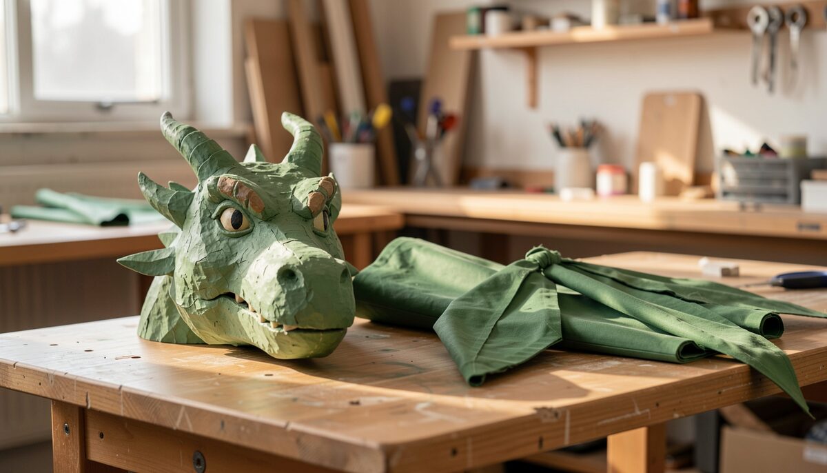 a green papier-mache dragon head resting on a rehearsal-room table beside folded fabric wings, warm workshop light, no text