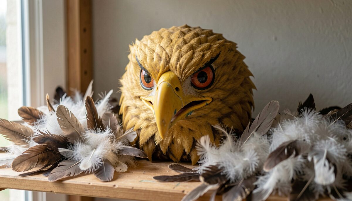 a golden eagle puppet head with fierce painted eyes on a prop shelf among feather bundles, side light, no text