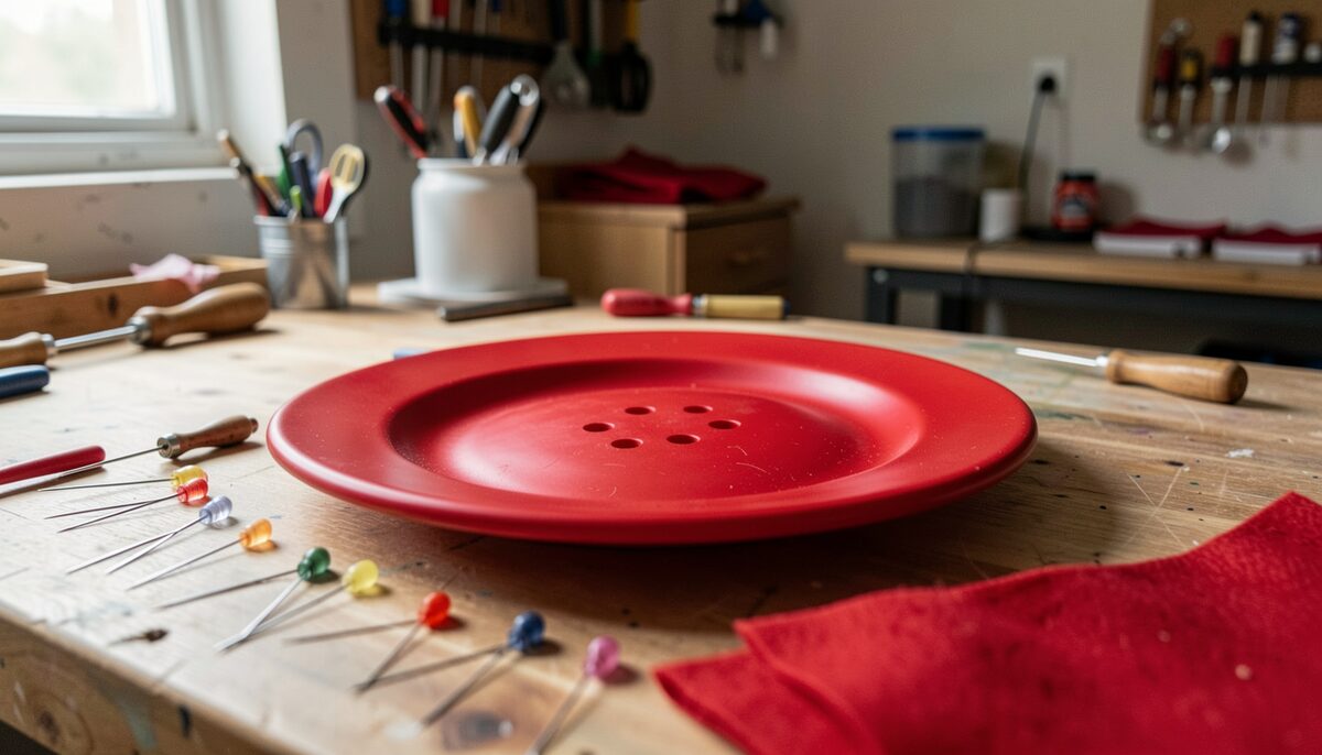a big red coat-button prop the size of a dinner plate on a worktable with needles and red felt, workshop light, no text