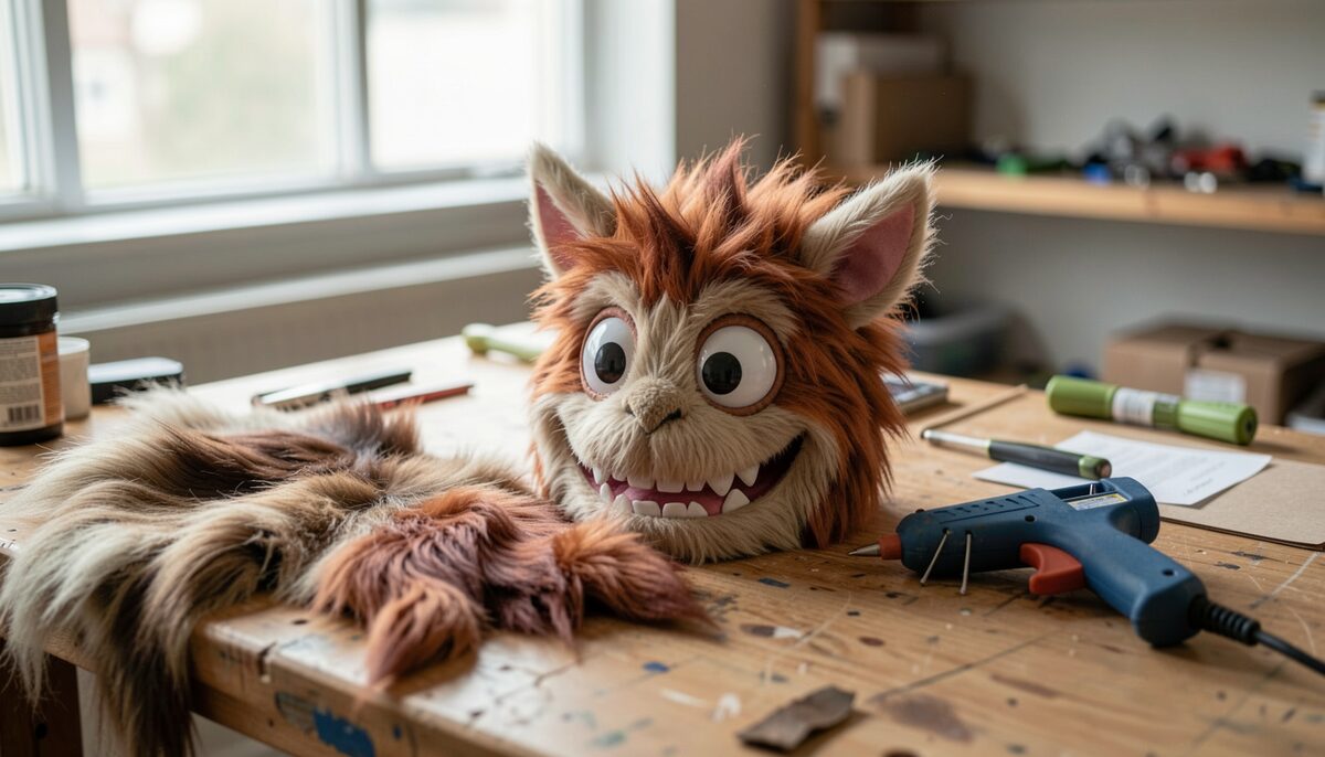 a friendly furry monster costume head with wide eyes on a workbench beside fake fur offcuts and a glue gun, no text