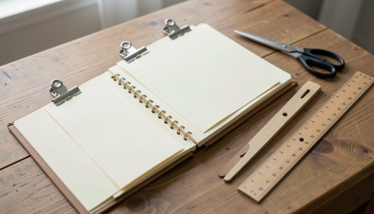 an open scrapbook on a table with blank clipped paper cuttings laid flat, beside scissors and a wooden ruler