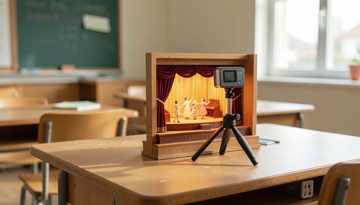 a small digital camcorder on a tripod aimed at a miniature stage set on a school desk, warm light, no text