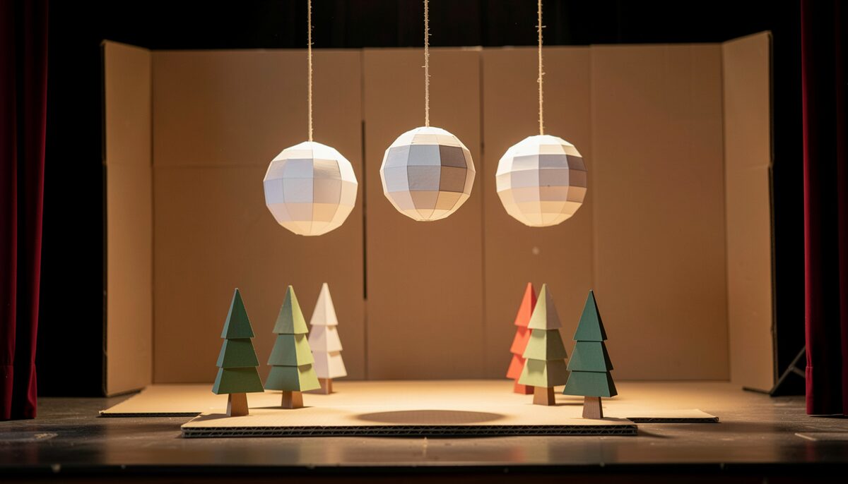 three paper moons hanging on threads above a small cardboard stage set with folded trees, warm theatre light, no text
